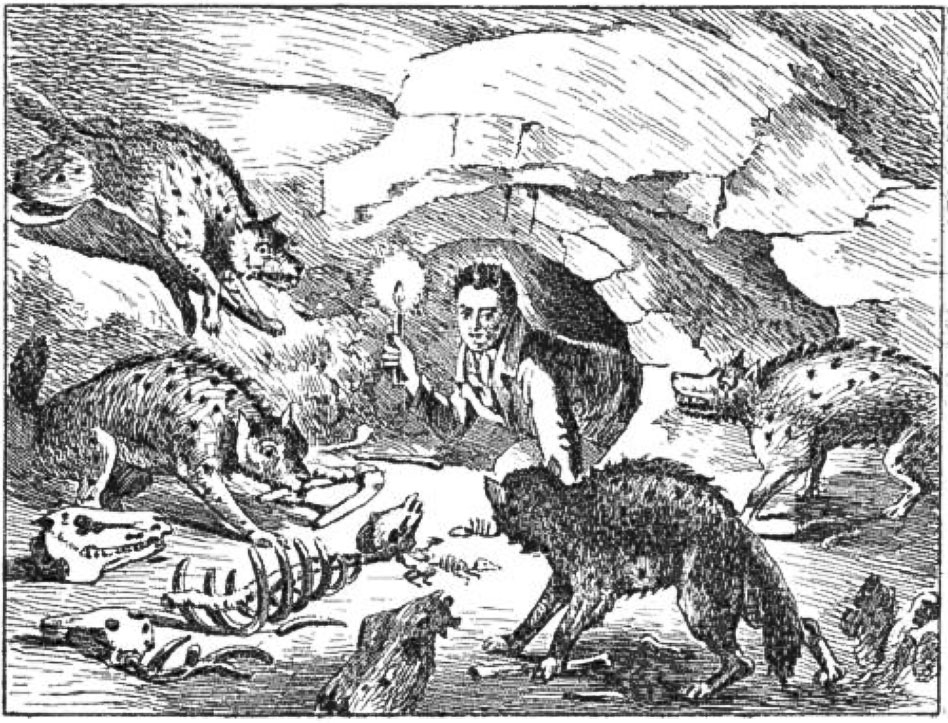 William Conybeare drew this cartoon of Buckland poking his head into a prehistoric hyena den in 1822 to celebrate Buckland's ground-breaking analysis of the fossils found in Kirkdale Cave. (Wikipedia)